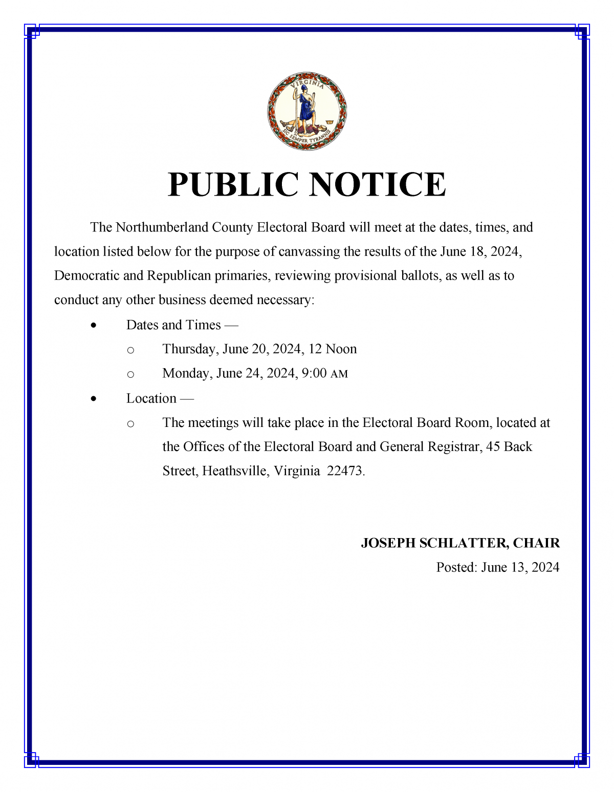 Public Notice of Canvass